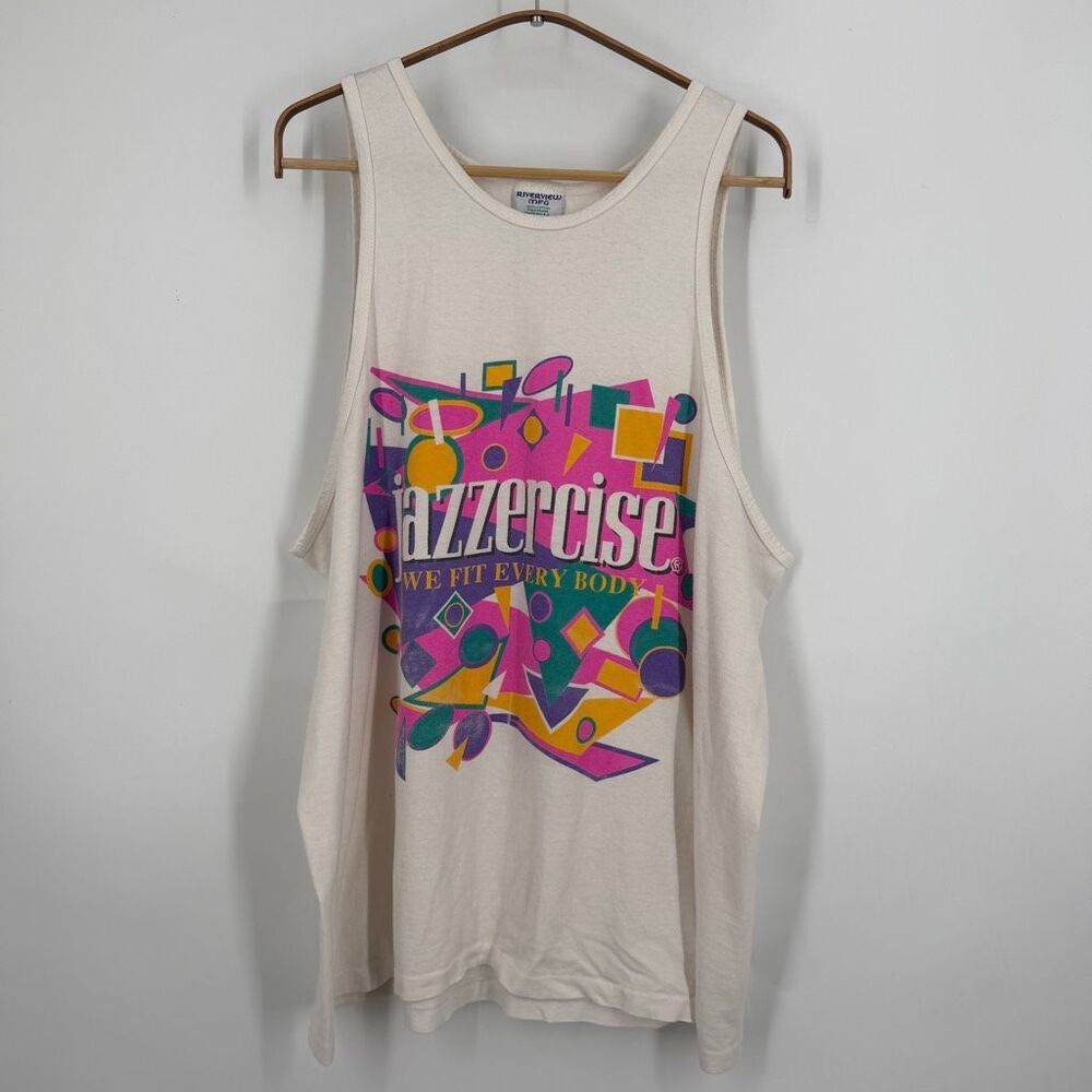 Jazzercise Cream 90s Sleeveless Graphic Print Hipster Tank Top Size XL